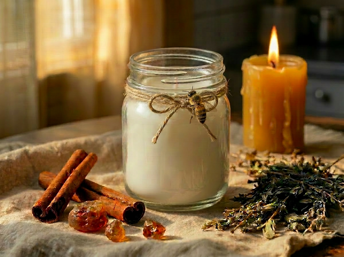 Handcrafted whipped tallow cream in a 4 oz glass mason jar beside a beeswax candle, cinnamon, and frankincense resin