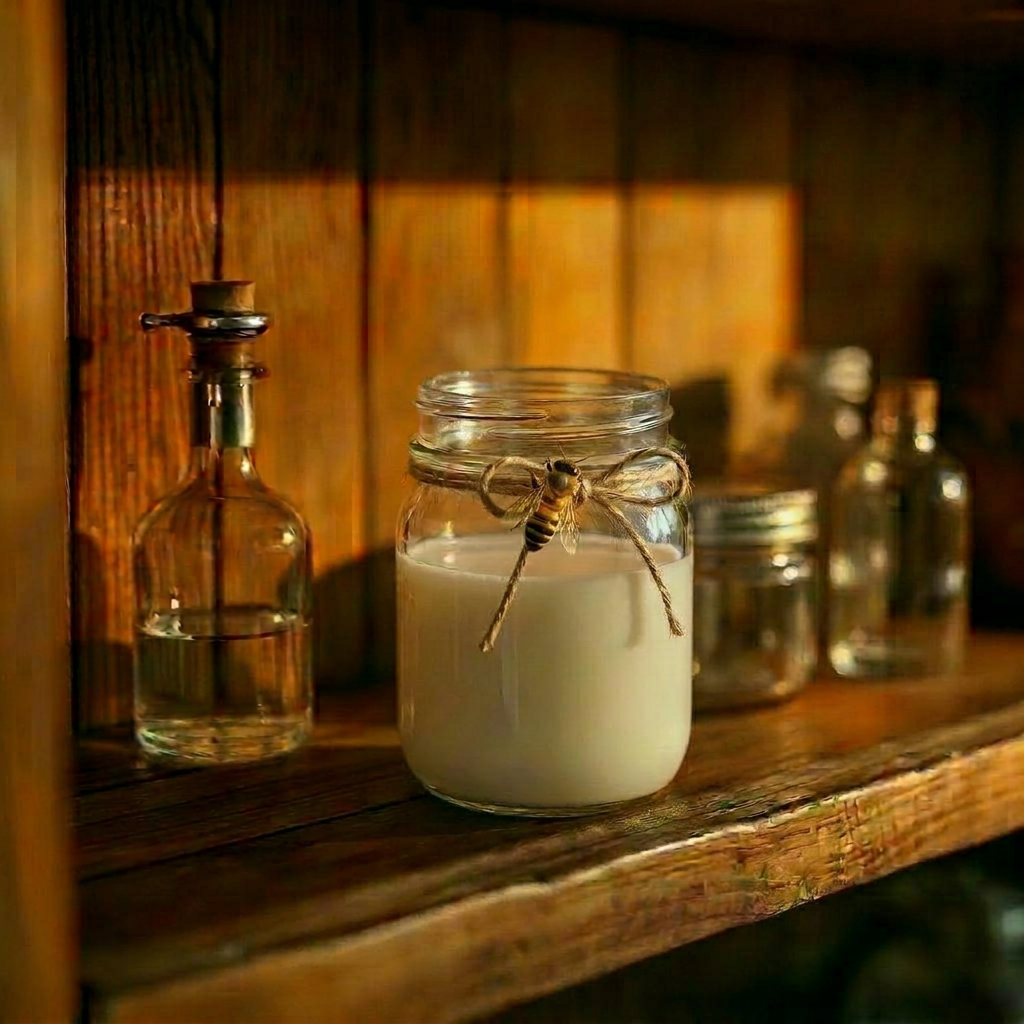 Mason jar of cream on weathered shelf